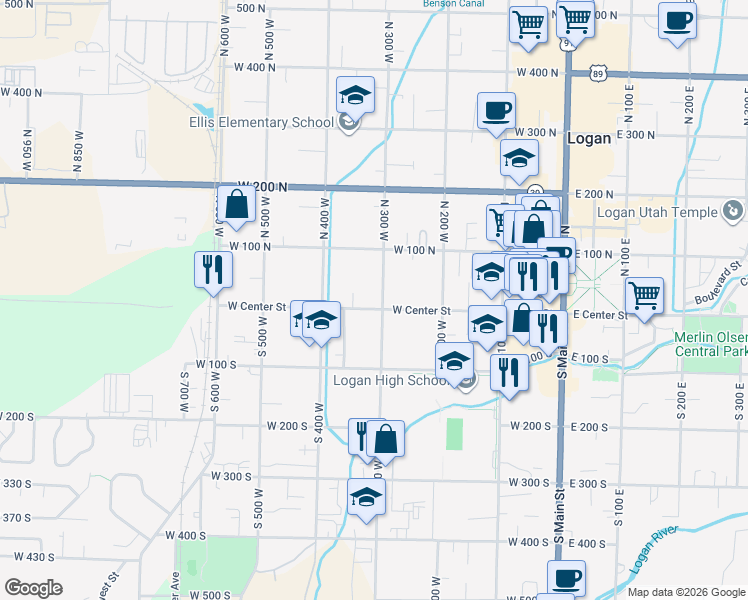 map of restaurants, bars, coffee shops, grocery stores, and more near 301 West Center Street in Logan