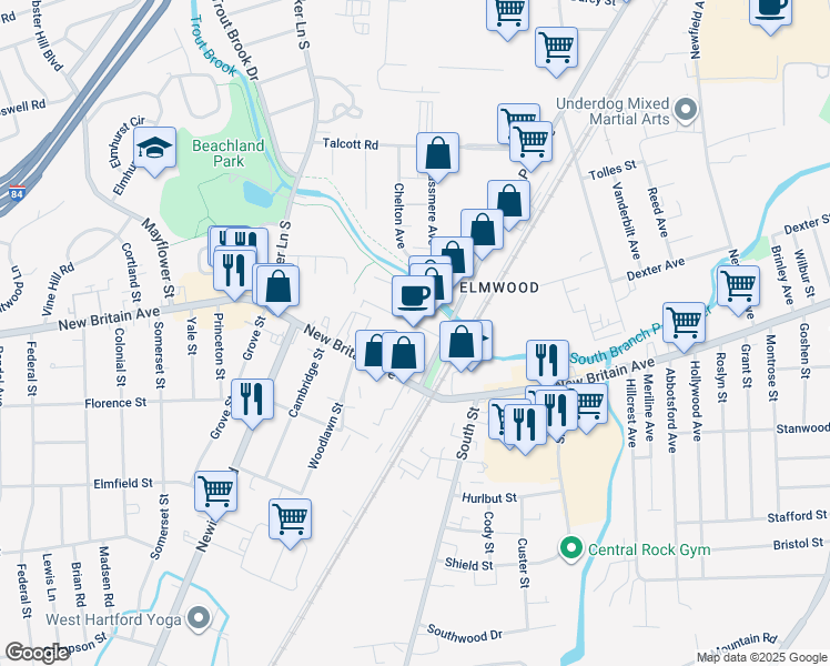 map of restaurants, bars, coffee shops, grocery stores, and more near 637 New Park Avenue in West Hartford