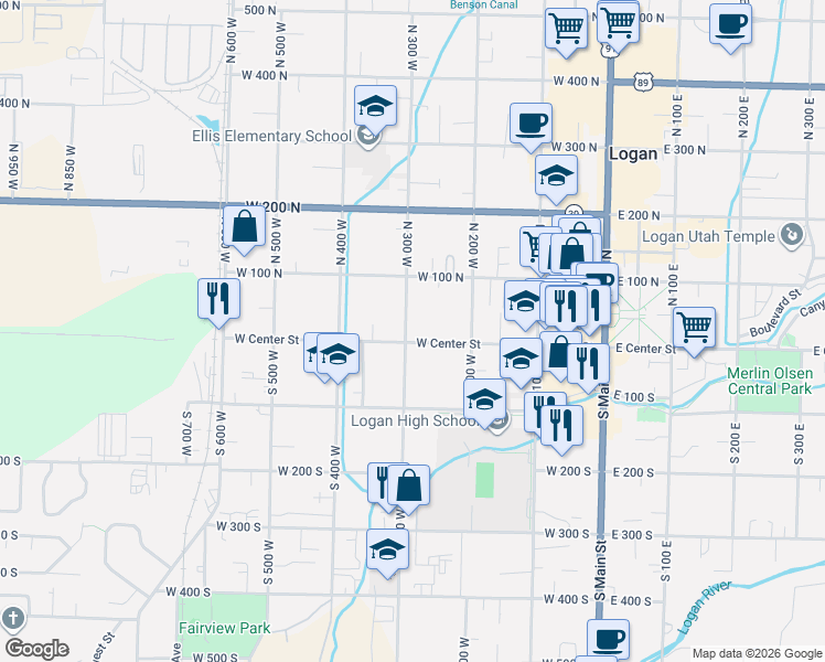 map of restaurants, bars, coffee shops, grocery stores, and more near 299 West Center Street in Logan