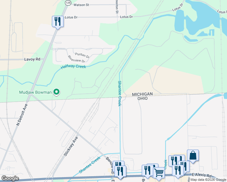 map of restaurants, bars, coffee shops, grocery stores, and more near 6240 American Road in Toledo