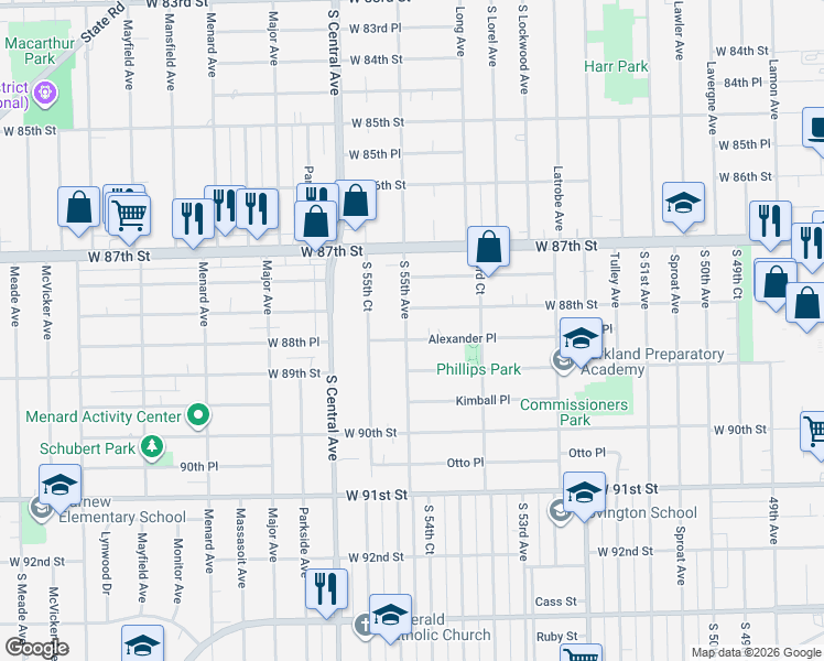 map of restaurants, bars, coffee shops, grocery stores, and more near 5424 Alexander Pl in Oak Lawn