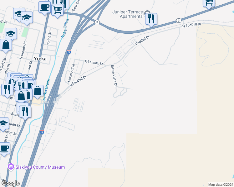map of restaurants, bars, coffee shops, grocery stores, and more near 801 Sierra Vista Way in Yreka