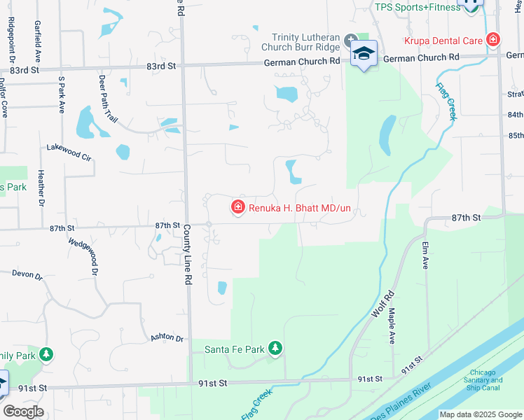 map of restaurants, bars, coffee shops, grocery stores, and more near 8691 Castle Court in Burr Ridge
