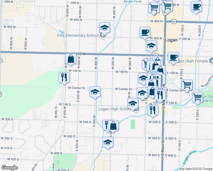 map of restaurants, bars, coffee shops, grocery stores, and more near 301 West Center Street in Logan