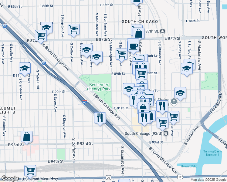 map of restaurants, bars, coffee shops, grocery stores, and more near 9009 South Muskegon Avenue in Chicago