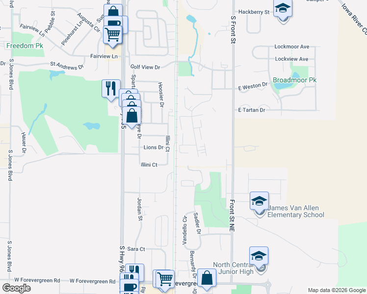map of restaurants, bars, coffee shops, grocery stores, and more near 960 Twilight Drive in North Liberty