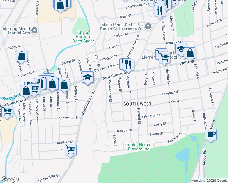 map of restaurants, bars, coffee shops, grocery stores, and more near 365 Linnmoore Street in Hartford