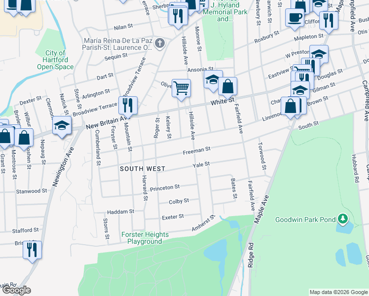 map of restaurants, bars, coffee shops, grocery stores, and more near 217 Freeman Street in Hartford