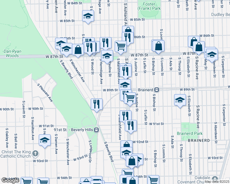 map of restaurants, bars, coffee shops, grocery stores, and more near 1645 West 89th Street in Chicago