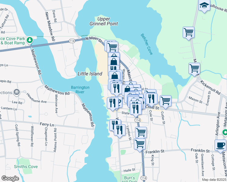 map of restaurants, bars, coffee shops, grocery stores, and more near 60 Miller Street in Warren