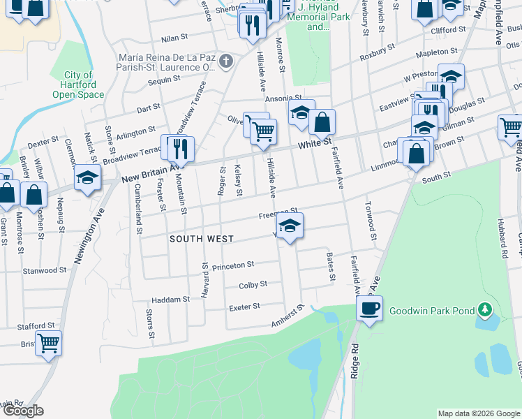 map of restaurants, bars, coffee shops, grocery stores, and more near 217 Freeman Street in Hartford