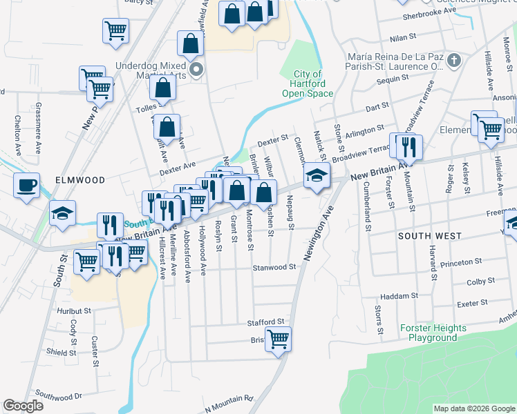 map of restaurants, bars, coffee shops, grocery stores, and more near 13 Goshen Street in Hartford