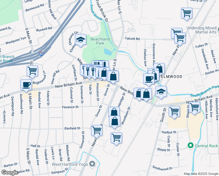 map of restaurants, bars, coffee shops, grocery stores, and more near 16 Grove Street in West Hartford