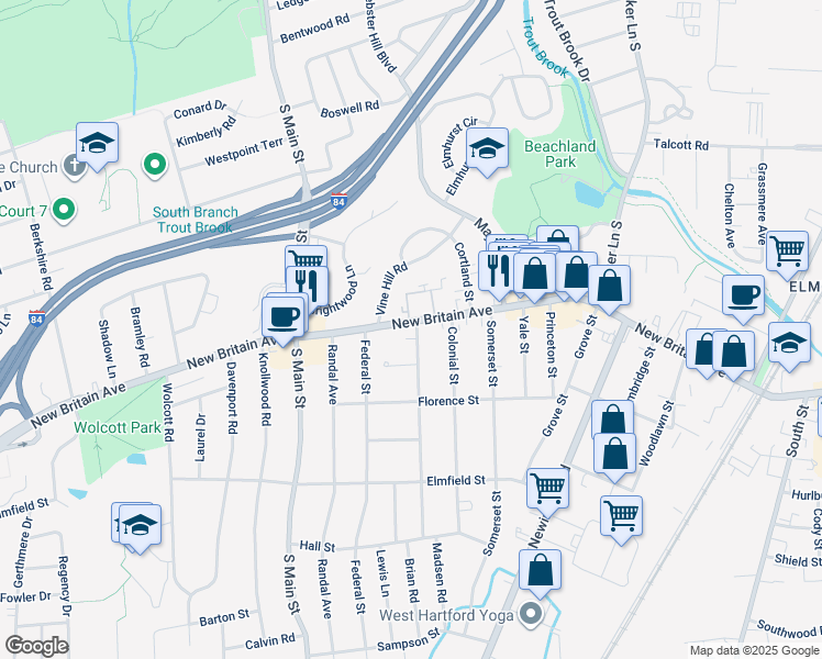 map of restaurants, bars, coffee shops, grocery stores, and more near 1207 New Britain Avenue in West Hartford