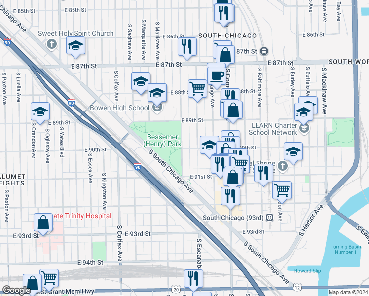 map of restaurants, bars, coffee shops, grocery stores, and more near 9009 South Muskegon Avenue in Chicago