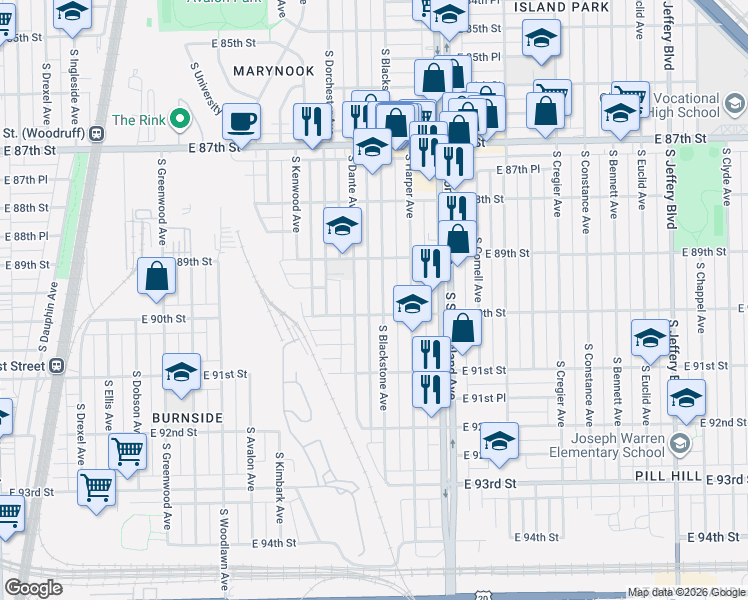 map of restaurants, bars, coffee shops, grocery stores, and more near 8949 South Blackstone Avenue in Chicago