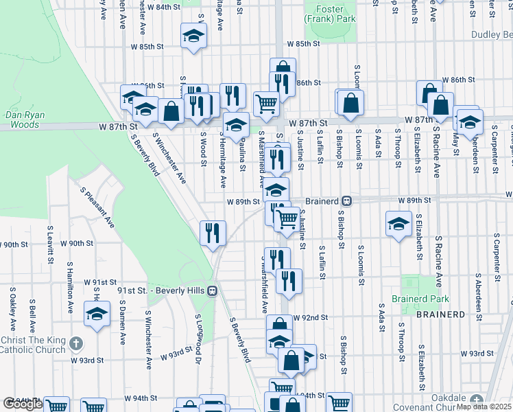 map of restaurants, bars, coffee shops, grocery stores, and more near 8914 South Marshfield Avenue in Chicago