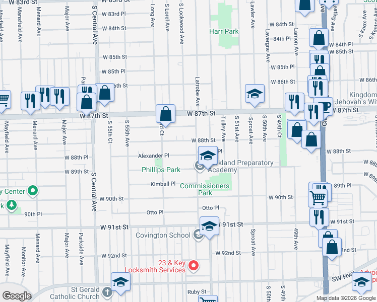 map of restaurants, bars, coffee shops, grocery stores, and more near 5273 Alexander Place in Oak Lawn