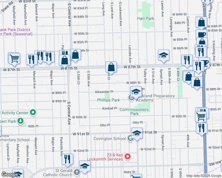 map of restaurants, bars, coffee shops, grocery stores, and more near 5329 Alexander Place in Oak Lawn