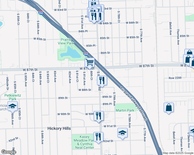 map of restaurants, bars, coffee shops, grocery stores, and more near 8724 South Roberts Road in Hickory Hills
