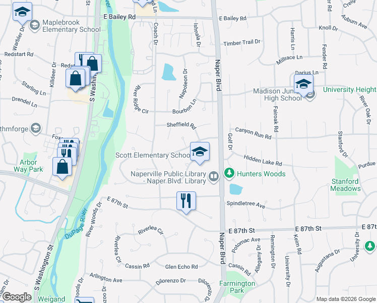 map of restaurants, bars, coffee shops, grocery stores, and more near 517 Warwick Drive in Naperville