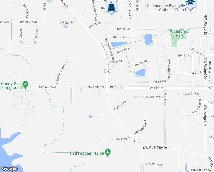 map of restaurants, bars, coffee shops, grocery stores, and more near 9375 Northwest 38th Street in Polk City