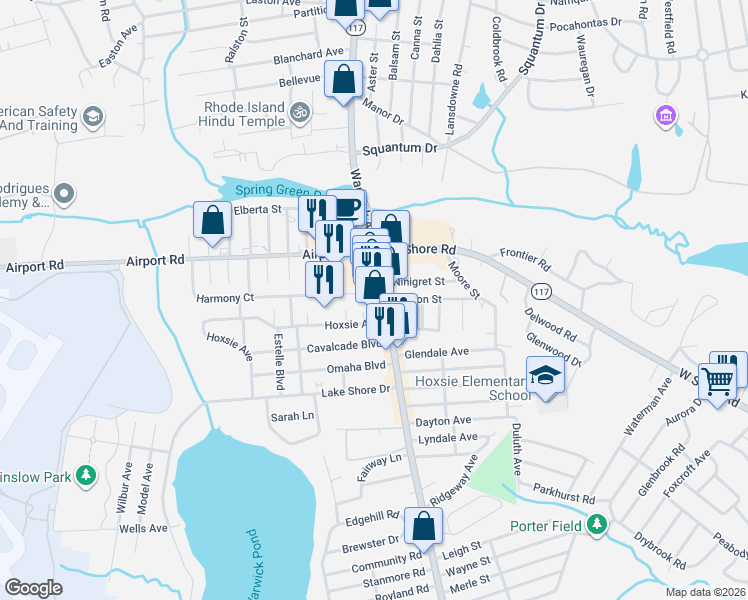 map of restaurants, bars, coffee shops, grocery stores, and more near 1633 Warwick Avenue in Warwick