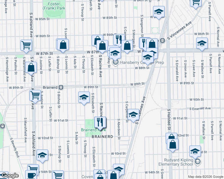 map of restaurants, bars, coffee shops, grocery stores, and more near 8922 South Aberdeen Street in Chicago
