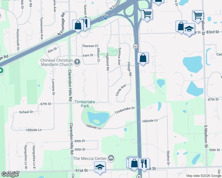 map of restaurants, bars, coffee shops, grocery stores, and more near 413 Highland Road in Burr Ridge