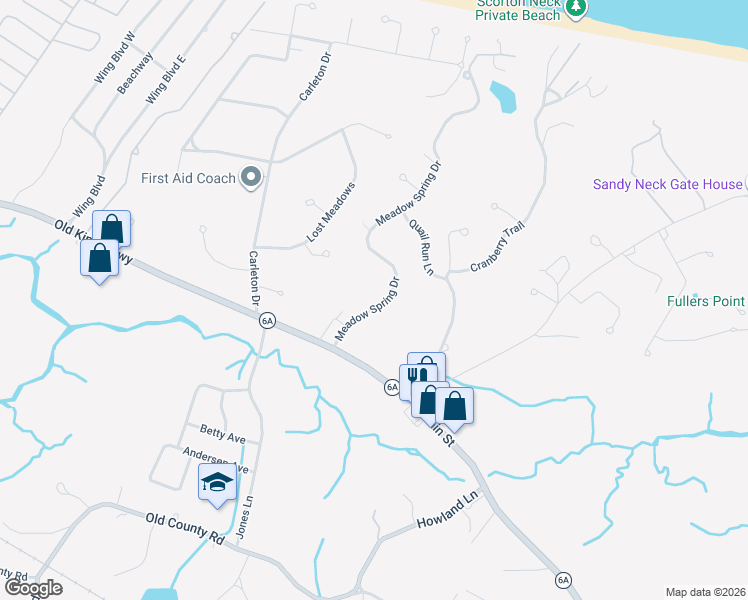 map of restaurants, bars, coffee shops, grocery stores, and more near 11 Meadow Spring Drive in Sandwich