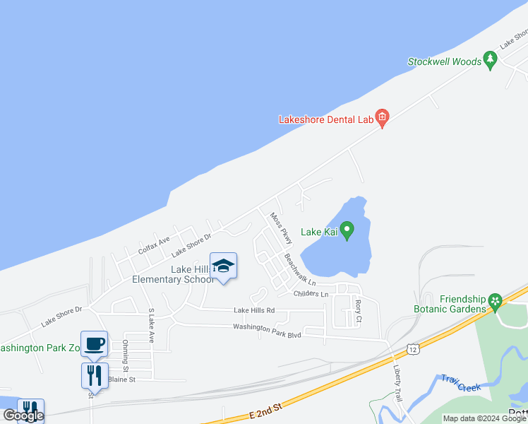 map of restaurants, bars, coffee shops, grocery stores, and more near 1201 Lake Shore Drive in Michigan City