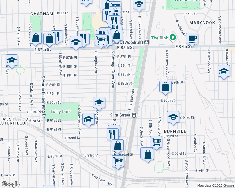 map of restaurants, bars, coffee shops, grocery stores, and more near 8943 South Cottage Grove Avenue in Chicago