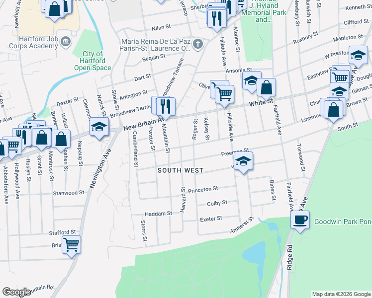 map of restaurants, bars, coffee shops, grocery stores, and more near 293 Linnmoore Street in Hartford