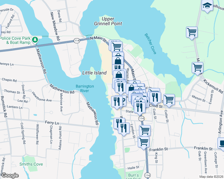 map of restaurants, bars, coffee shops, grocery stores, and more near 22 Johnson Street in Warren