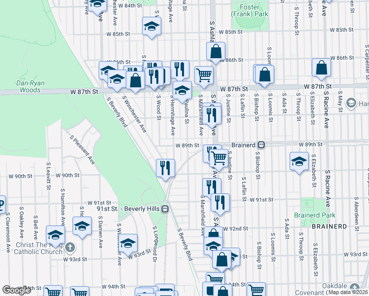 map of restaurants, bars, coffee shops, grocery stores, and more near 1709 West 89th Street in Chicago