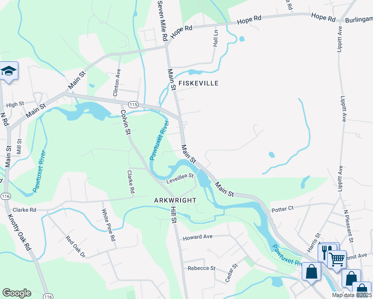 map of restaurants, bars, coffee shops, grocery stores, and more near 145 North Main Street in Cranston