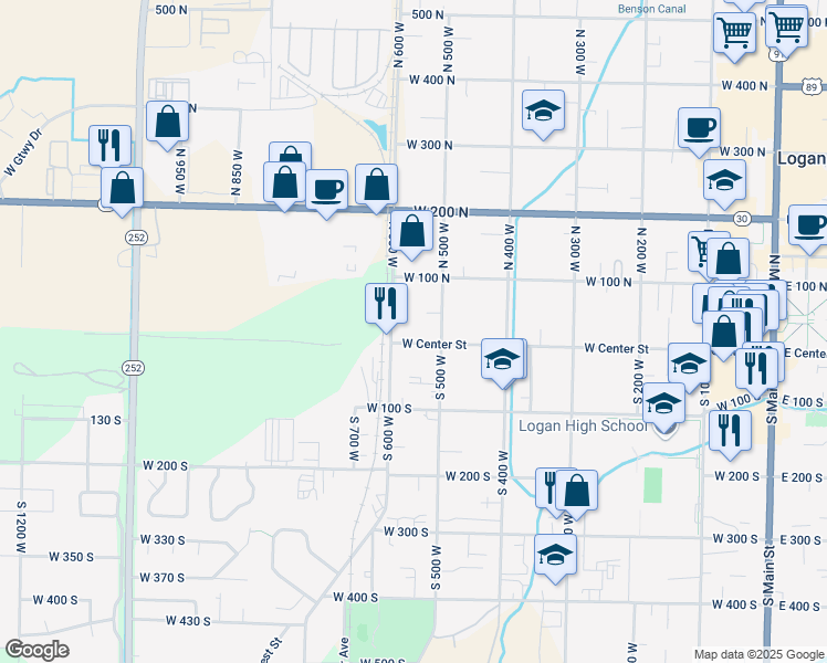map of restaurants, bars, coffee shops, grocery stores, and more near 545 West Center Street in Logan
