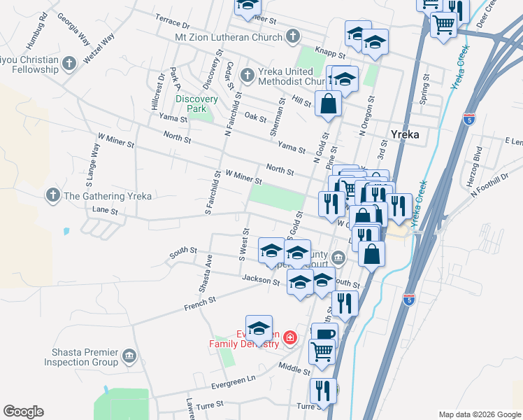 map of restaurants, bars, coffee shops, grocery stores, and more near 641 Lane Street in Yreka