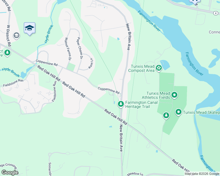 map of restaurants, bars, coffee shops, grocery stores, and more near 15 Coppermine Road in Farmington