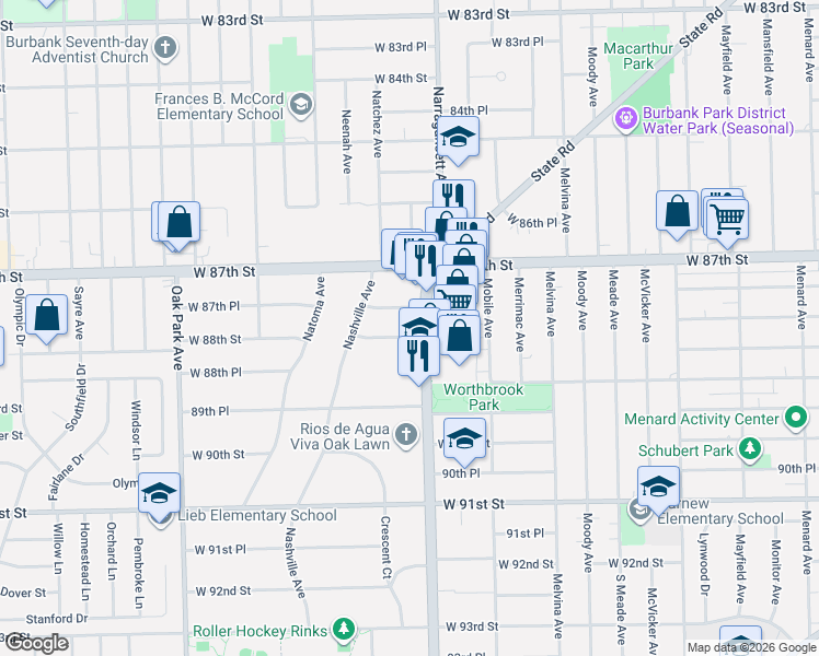 map of restaurants, bars, coffee shops, grocery stores, and more near 6427 West 88th Street in Oak Lawn