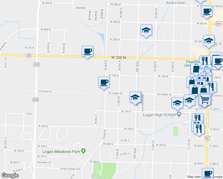map of restaurants, bars, coffee shops, grocery stores, and more near 545 West Center Street in Logan