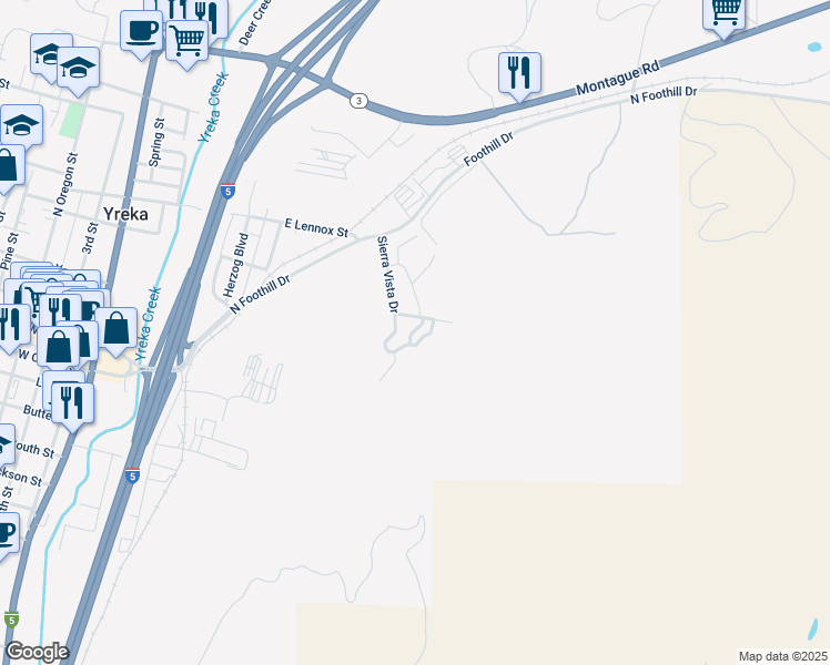 map of restaurants, bars, coffee shops, grocery stores, and more near 801 Sierra Vista Way in Yreka