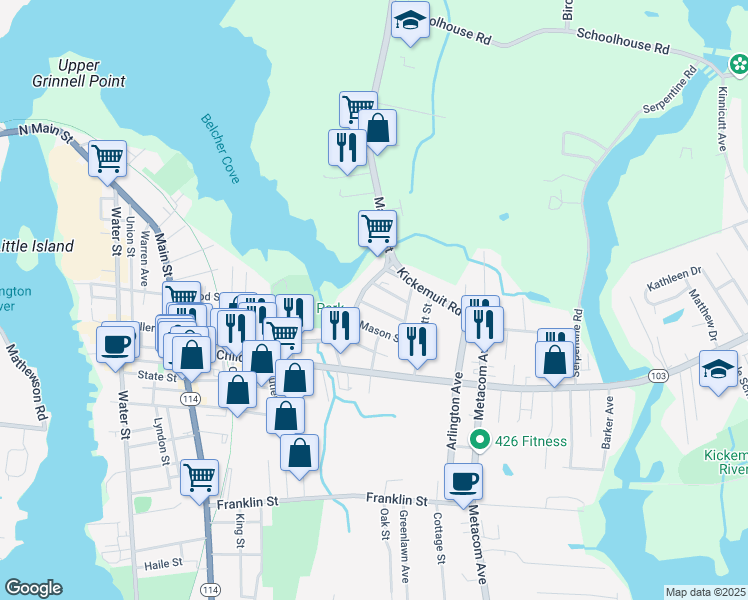 map of restaurants, bars, coffee shops, grocery stores, and more near 27 Benefit Street in Warren
