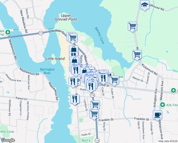 map of restaurants, bars, coffee shops, grocery stores, and more near 375 Main Street in Warren