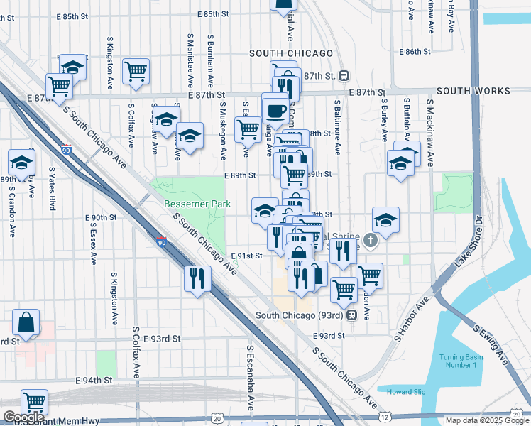 map of restaurants, bars, coffee shops, grocery stores, and more near 9001 South Escanaba Avenue in Chicago