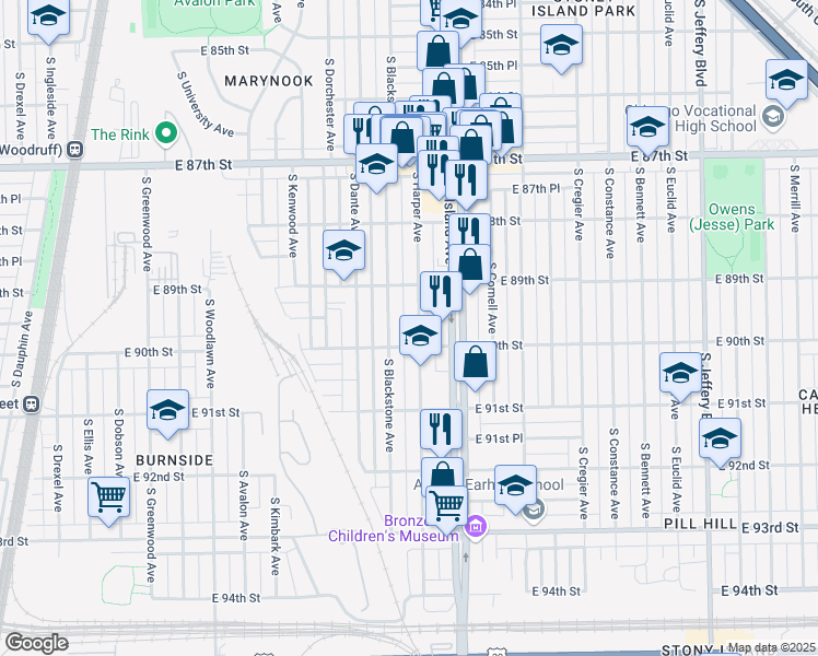 map of restaurants, bars, coffee shops, grocery stores, and more near 8959 South Harper Avenue in Chicago
