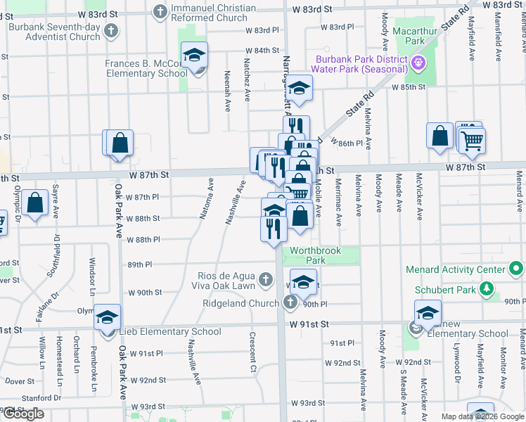 map of restaurants, bars, coffee shops, grocery stores, and more near 6427 West 88th Street in Oak Lawn