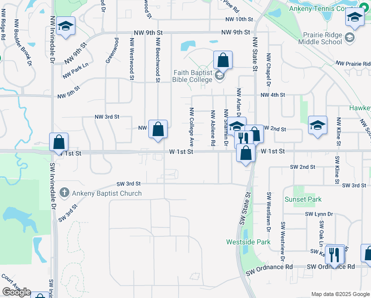 map of restaurants, bars, coffee shops, grocery stores, and more near 1937 West 1st Street in Ankeny