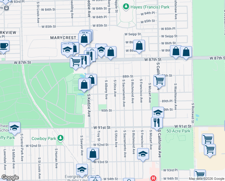 map of restaurants, bars, coffee shops, grocery stores, and more near 8900 South Utica Avenue in Evergreen Park