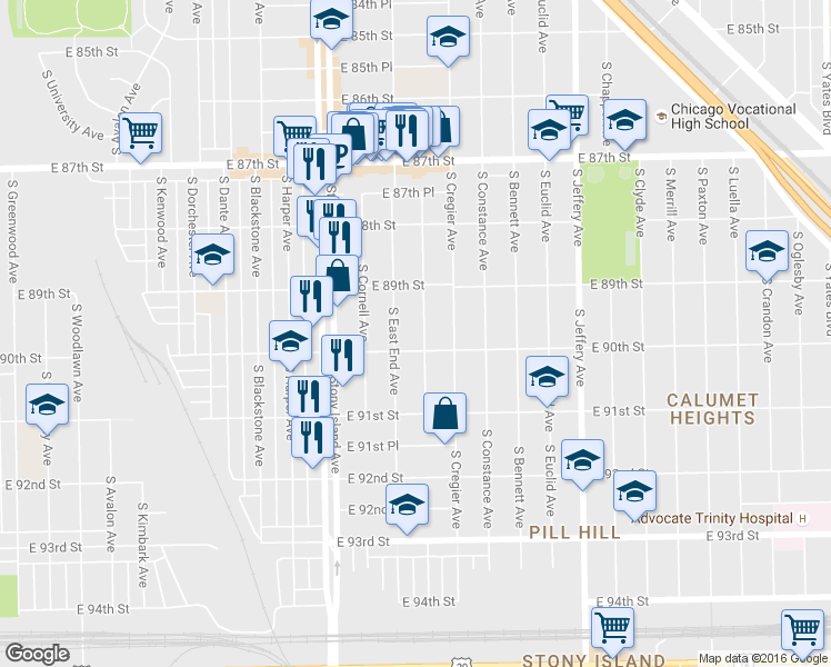 map of restaurants, bars, coffee shops, grocery stores, and more near 8946 S Ridgeland Ave in Chicago